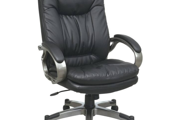 Executive High Back Black Bonded Leather Chair with Locking Tilt Control . Thick Padded Contour Seat and Back with Built-in Lumbar Support. 360° Seat Swivel. One Touch Pneumatic Seat Height Adjustment. Locking Tilt Control with Adjustable Tilt Tension. Padded Arms.