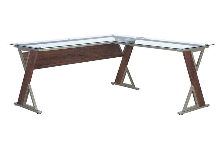 Modernize your home office with the Zenos 66" x 66" 'L' Shaped Glass Top Desk with wood and metal mixed media accents. Chrome standoffs create a sleek floating glass effect