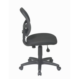 Mesh Screen Back Task Chair with Black Fabric Seat. Breathable Screen Back and Fabric Seat with Built-in Lumbar Support. One Touch Pneumatic Seat Height Adjustment. Heavy Duty Nylon Base with Dual Wheel Carpet Casters.