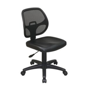 Mesh Screen Back Task Chair. Breathable Screen Back and Black Vinyl Seat with Built-in Lumbar Support. One Touch Pneumatic Seat Height Adjustment. Heavy Duty Nylon Base with Dual Wheel Carpet Casters.