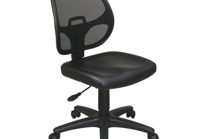 Mesh Screen Back Task Chair. Breathable Screen Back and Black Vinyl Seat with Built-in Lumbar Support. One Touch Pneumatic Seat Height Adjustment. Heavy Duty Nylon Base with Dual Wheel Carpet Casters.
