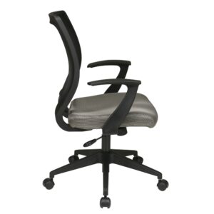 Screen Back and Mesh Seat Task Chair with "T" Arms. Locking Tilt Control with Adjustable Tilt Tension. Fixed Designer Arms. Heavy Duty Angled Nylon Base with Dual Wheel Carpet Casters. Available in Grey (-2).
