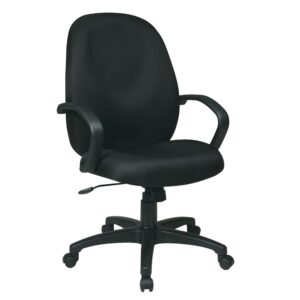 Executive High Back Managers Chair with Fabric Back. Thick Padded Contour Seat and Back with Built-in Lumbar Support. One Touch Pneumatic Seat Height Adjustment. Locking Tilt Control with Adjustable Tilt Tension. Nylon "C" Arms. Heavy Duty Nylon Base with Dual Wheel Carpet Casters.