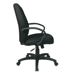 Executive High Back Managers Chair with Fabric Back. Thick Padded Contour Seat and Back with Built-in Lumbar Support. One Touch Pneumatic Seat Height Adjustment. Locking Tilt Control with Adjustable Tilt Tension. Nylon "C" Arms. Heavy Duty Nylon Base with Dual Wheel Carpet Casters.