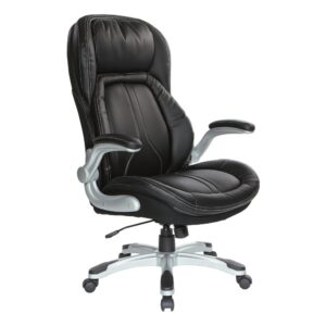 Strap in for a comfortable office chair constructed in contoured bonded leather. The padded flip arms effortlessly move front and back whenever you need an armrest. Adjustable tilt tension and locking control brings the chair's functionalities back into your hands. Built-in lumbar support and one-touch pneumatic height adjustment assures relaxing support during long work sessions. An ergonomic solution is just around the corner. Complete with Silver base with dual wheel carpet casters.