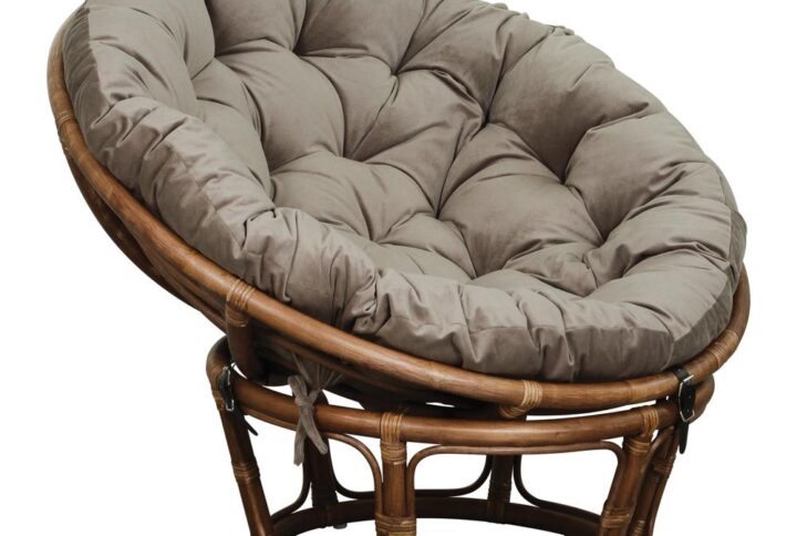 Papasan Chair with Green Round Pillow Cushion and Brown Rattan Frame