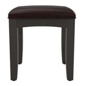this transitional design fits a variety of décor. This vanity bench is made of solid wood and covered by a cushioned vinyl seat. The overcoat replicates a slightly weathered look into deep grained wood veneer. This piece is made of mahogany with albizia wood veneers under a six-step finishing process.
