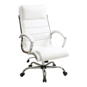 Executive Chair with thick padded White faux leather seat and back with built-in lumbar support. Features include pneumatic seat height adjustment