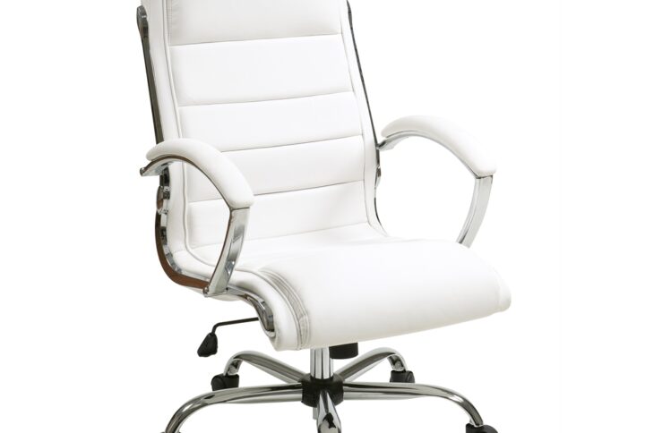 Executive Chair with thick padded White faux leather seat and back with built-in lumbar support. Features include pneumatic seat height adjustment