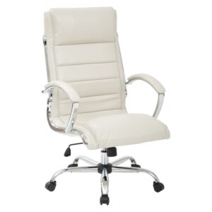 Executive Chair with thick padded Cream faux leather seat and back with built-in lumbar support. Features include pneumatic seat height adjustment
