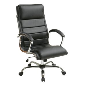 Executive Chair with thick padded Black faux leather seat and back with built-in lumbar support. Features include pneumatic seat height adjustment