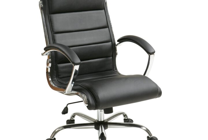 Executive Chair with thick padded Black faux leather seat and back with built-in lumbar support. Features include pneumatic seat height adjustment