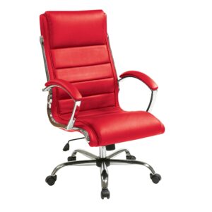 Executive Chair with thick padded Red faux leather seat and back with built-in lumbar support. Features include pneumatic seat height adjustment