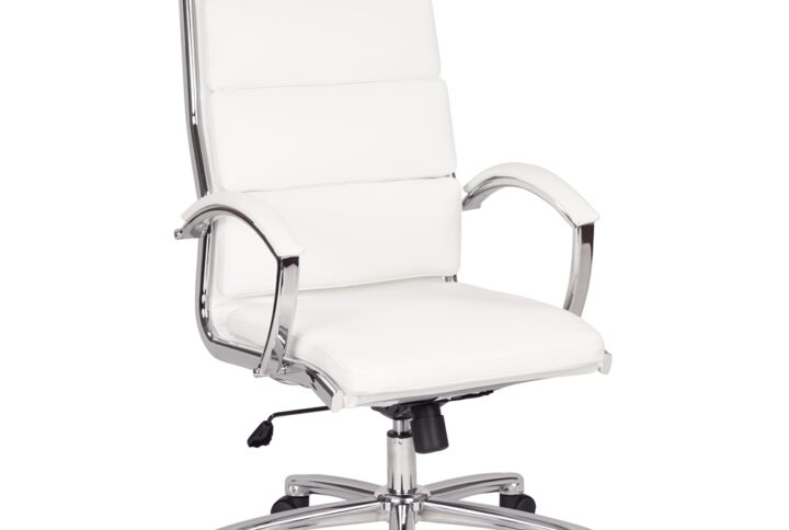 High Back Executive White Faux Leather Chair with Polished Aluminum Finish and Padded Arms and Base
