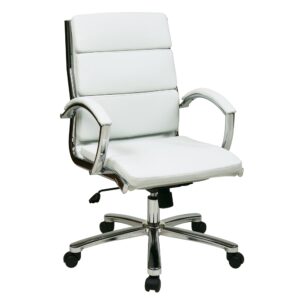 Mid Back Executive White Faux Leather Chair with Polished Aluminum Finish Padded Arms and Base