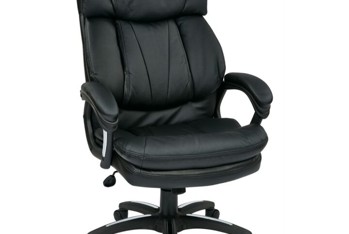 Oversized Faux Leather Executive Chair with Padded Loop Arms. Faux Leather Seat and Back with Built-in Lumber Support. One Touch Pneumatic Seat Height Adjustment. Locking Tilt Control with Adjustable Tilt Tension. Padded Nylon Arms with Polished Aluminum Accents. Heavy Duty Nylon Base with Polished Aluminum Accents and Dual Wheel Carpet Casters