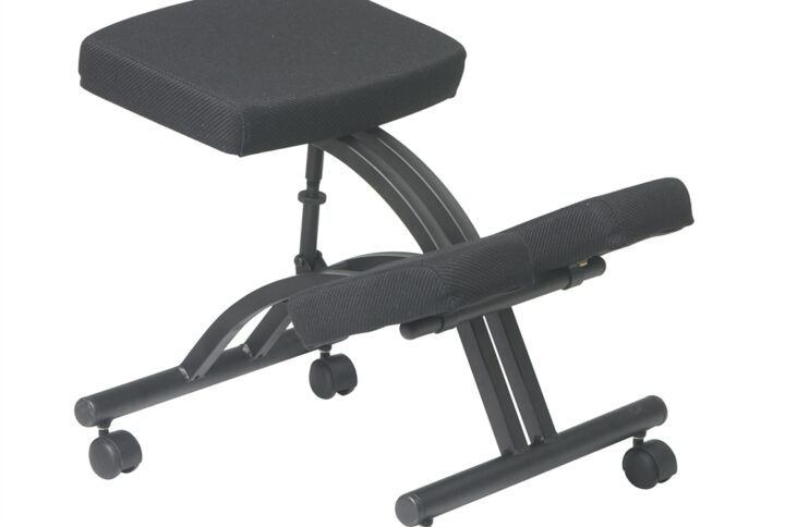 Ergonomically Designed Knee Chair Featuring Memory Foam and Coal fabric with Dual Wheel Carpet Casters. Thick Padded Seat and Knee Pad. Manual Height Adjustment. Black Metal Frame.
