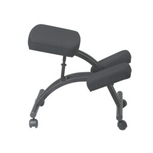 Ergonomically Designed Knee Chair Featuring Memory Foam and Coal fabric with Dual Wheel Carpet Casters. Thick Padded Seat and Knee Pad. Manual Height Adjustment. Black Metal Frame.