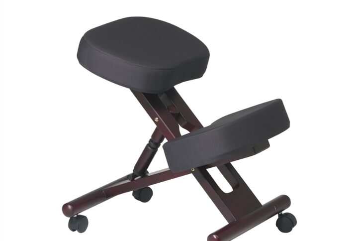 Ergonomically Designed Mahogany Finished Wood Knee Chair Featuring Memory Foam Thick Padded Seat and Knee Pad. Manual Height Adjustment with Dual Wheel Carpet Casters.