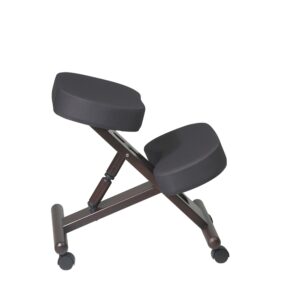 Ergonomically Designed Espresso Finished Wood Knee Chair Featuring Memory Foam Thick Padded Seat and Knee Pad. Manual Height Adjustment with Dual Wheel Carpet Casters.