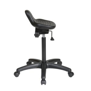 Saddle Seat Stool with Seat Angle Adjustment and Glides. Pneumatic Seat Height Adjustment. 360 degree swivel.