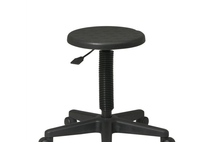 Intermediate Stool. Self Skinned Urethane Seat. One Touch Pneumatic Seat Height Adjustment. Heavy Duty Nylon Base with Dual Wheel Carpet Casters.