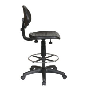 Intermediate Drafting Chair with Adjustable Footrest. Contour Self Skinned Urethane Seat and Back with Built-in Lumbar Support. One Touch Pneumatic Seat Height Adjustment. Back Height Adjustment. Adjustable Footrest. Heavy Duty Nylon Base with Dual Wheel Carpet Casters.