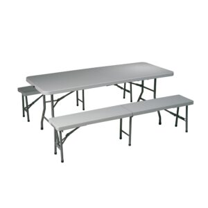 3 Piece Folding Table and Bench Set. Durable Construction. Light Weight Sleek Design. Powder Coated Tubular Frame. Ideal for Indoor or Outdoor Use. Consists of 2 Fold in Half Benches and a 6" Fold in Half Table. Meets or Exceeds Test Standards (BIFMA and MTL)