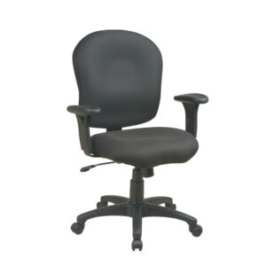 Sculptured Task Chair with Adjustable Arms. Thick Padded Contour Seat and Back with Built-in Lumbar Support. One Touch Pneumatic Seat Height Adjustment. Locking Tilt Control with Adjustable Tilt Tension. Heavy Duty Nylon Base with Dual Wheel Carpet Casters. (Maximum weight capacity 200 lbs.)