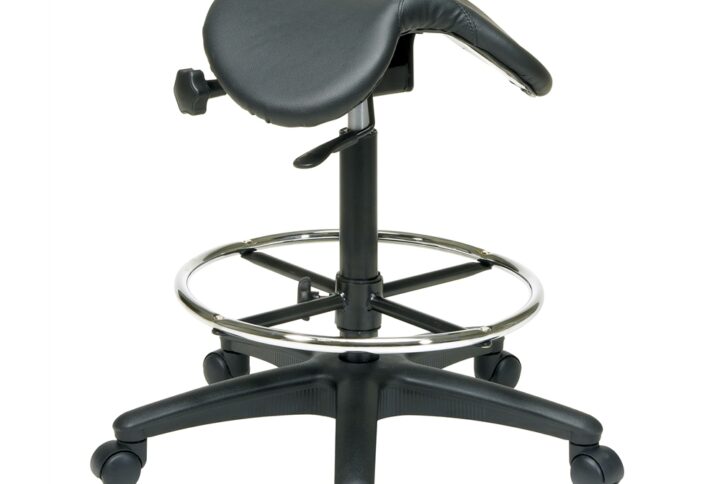 Pneumatic Drafting Chair with Adjustable Foot ring. Backless stool with Seat Saddle Seat and Seat Angle Adjustment. Height Adjustment 25" to 35" overall.