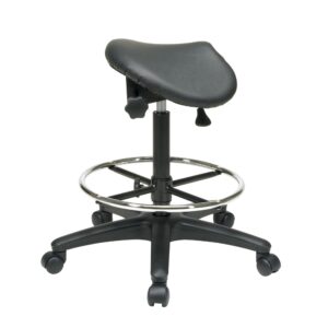 Pneumatic Drafting Chair with Adjustable Foot ring. Backless stool with Seat Saddle Seat and Seat Angle Adjustment. Height Adjustment 25" to 35" overall.