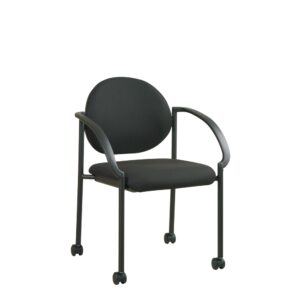 Stack Chairs with Casters and Arms. Padded Seat and Back. Stackable. Black Frame with Dual Wheel Carpet Casters.