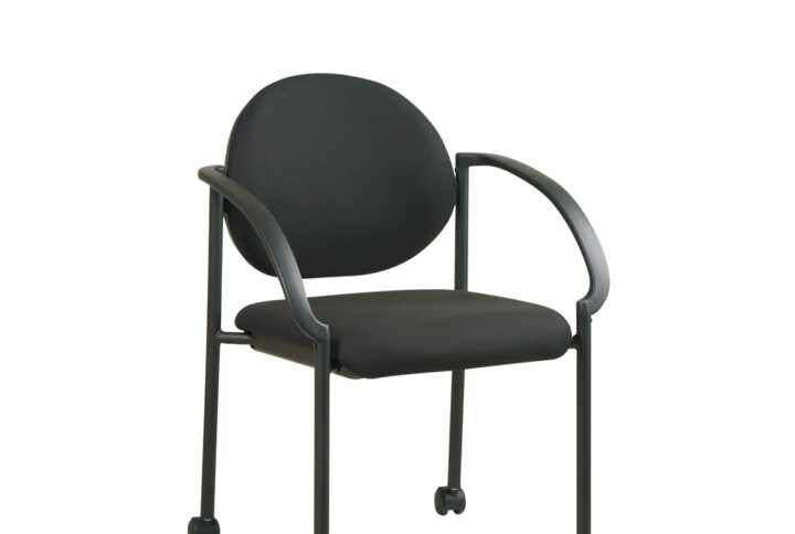 Stack Chairs with Casters and Arms. Padded Seat and Back. Stackable. Black Frame with Dual Wheel Carpet Casters.