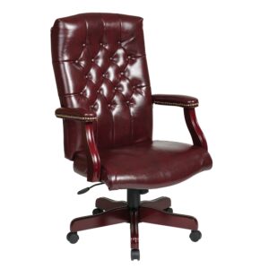 Traditional Executive Chair with Padded Arms. Thick Padded Seat and Back with Built-in Lumbar Support. One Touch Pneumatic Seat Height Adjustment. Locking Tilt Control with Adjustable Tilt Tension. Padded Armrests. Jamestown Oxblood Vinyl (-JT4). Mahogany Finish Wood Covered Steel Base with Dual Wheel Carpet Casters.