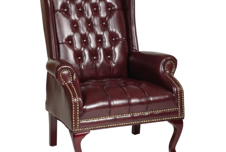Traditional Queen Anne Style Chair. Thick Padded Seat and Back with Built-in Lumbar Support. Jamestown Oxblood Vinyl (-JT4). Mahogany Finish Wood Legs.