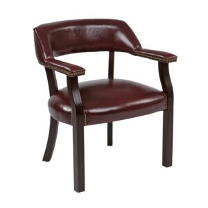 Traditional Guest Chair with Wrap Around Back. Thick Padded Seat and Back. Padded Armrest. Jamestown Oxblood Vinyl (-JT4). Mahogany Finish Wood Legs.