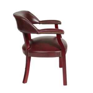 Traditional Guest Chair with Wrap Around Back. Thick Padded Seat and Back. Padded Armrest. Jamestown Oxblood Vinyl (-JT4). Mahogany Finish Wood Legs.