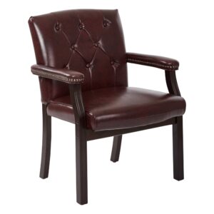 Traditional Visitors Chair with Padded Arms. Thick Padded Seat and Back. Padded Armrest. Jamestown Oxblood Vinyl (-JT4). Mahogany Finish Wood Legs.