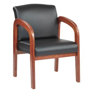 Black Faux Leather Oak Finish Wood Visitors Chair in Black Fabric (1-Pack)
