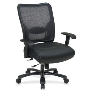 thickly padded contoured leather seat and padded arms that adjust in height and width. Weight capacity is 400 lb. Functions include one-touch pneumatic seat-height adjustment