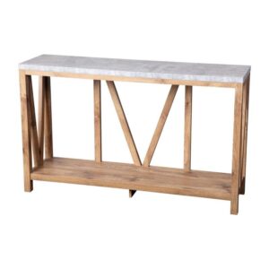 Charlotte Farmhouse 2-Tier Console Accent Table -Warm Oak Finish Engineered Wood Frame - Concrete Finish Tabletop - For Entryway or Living Room.