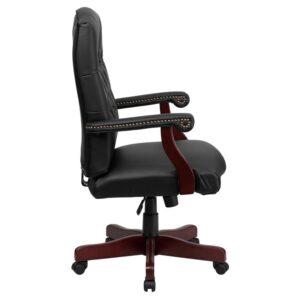 this swivel office chair with all its buttoned glory has an arched top and a 5.5” thick cushioned seat for comfort. The scroll arms with brass nail accents offer a stylish place to rest your arms. Functions include a tilt lock mechanism