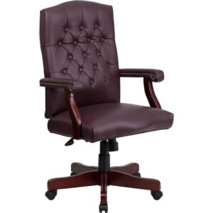 Give your office a refined look with a traditional tufted office chair that never goes out of style. This classic executive office chair makes a statement all on its own to let clients know that you are about your business when they enter your office. This luxurious traditional desk chair is upholstered in sumptuous LeatherSoft material that blends leather and polyurethane for added softness and durability. Handsomely styled