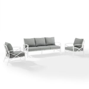 this set features sturdy steel construction with a transitional x-back design. Both the sofa and chairs have comfortable seat and back cushions covered with solution-dyed polyester in a variety of colors. Sit down for a conversation with friends and enjoy the classic beauty of the Kaplan sofa set.