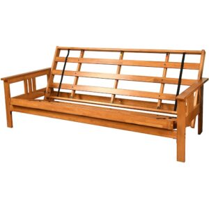The futon is a classic hardwood frame with mission style arms. This unique and versatile full size futon sofa easily converts to a Bed.  This multifunctional piece of furniture can find a home in just about any type of room.