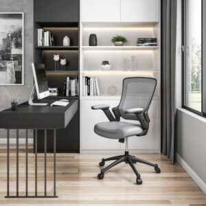 lightweight and brings a modern look to any work environment. It features a breathable mesh mid-back & TechniFlex upholstered padded arms & seat.  The pneumatic seat height adjustment and a reclining back with a tilt tension control knob will keep you confortable during those long working hours. The padded armrest can be height adjusted to fit under a table top.  The durable nylon base sits atop non-marking casters. Color: Gray