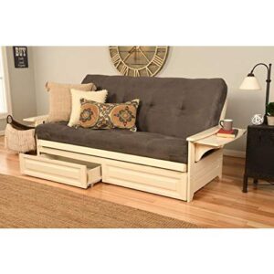 The futon is a classic hardwood frame with tray style arms. This unique and versatile full size futon sofa easily converts to a Bed.  This multifunctional piece of furniture can find a home in just about any type of room.