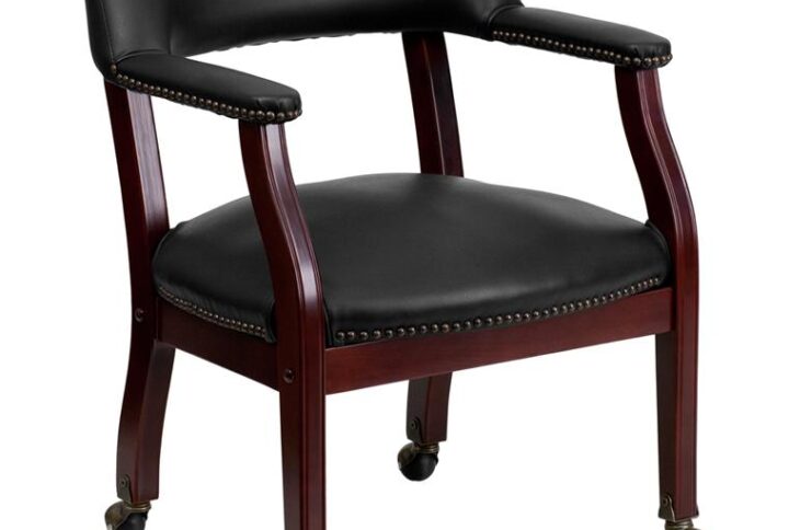 Add timeless charm to your space with this elegant reception/conference chair. This chair features black vinyl upholstery
