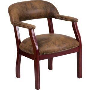 Add timeless charm to your space with this elegant reception/conference chair. This chair features brown vinyl upholstery