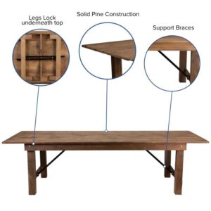 rustic design and color accentuate this beautiful farm table. This solid table features a plank